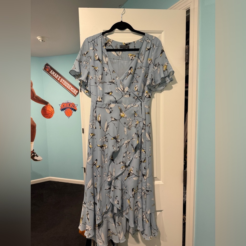 High low blue wrap dress with birds